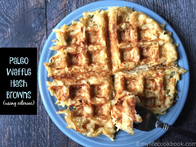 A tasty paleo hash brown made with celeriac and a waffle iron. Easy and delicious!