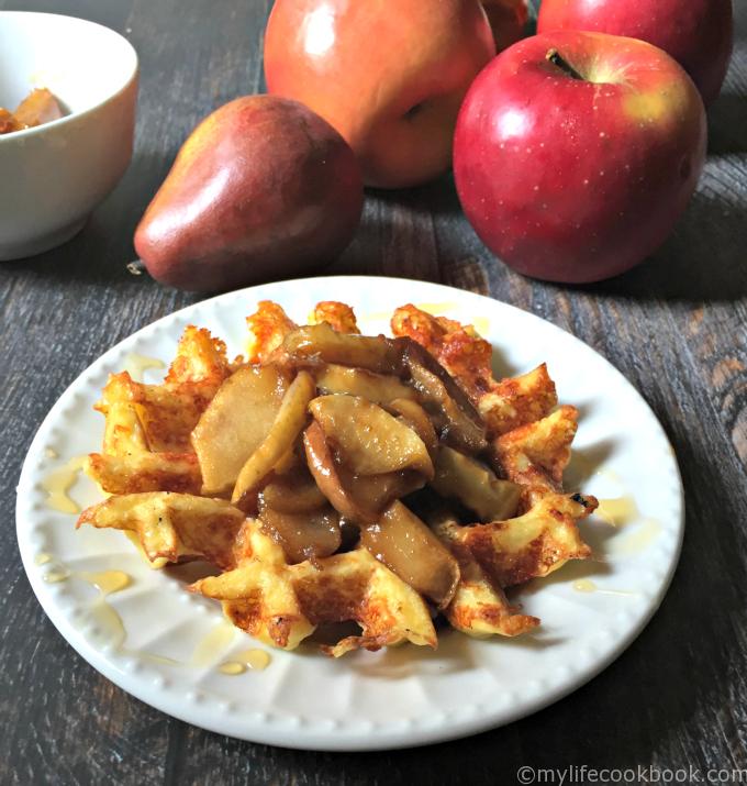These tasty cheese waffles are grain free and nut free and topped with roasted apples, pears and honey!