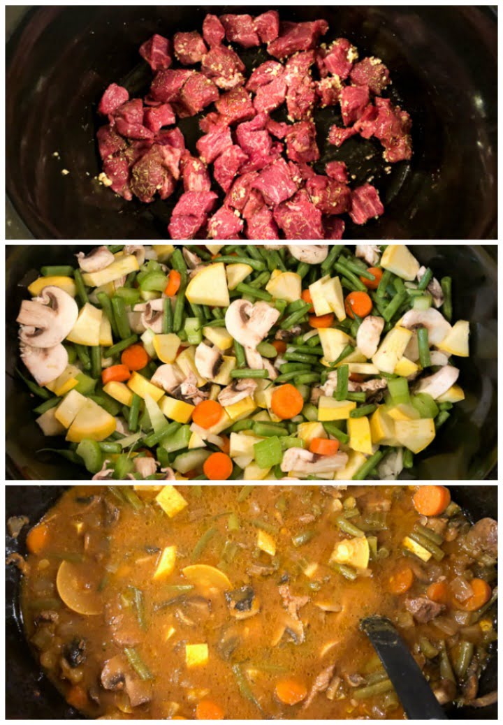 collage of how to make slow cooker stew - closeup of how to layer the food in the crock