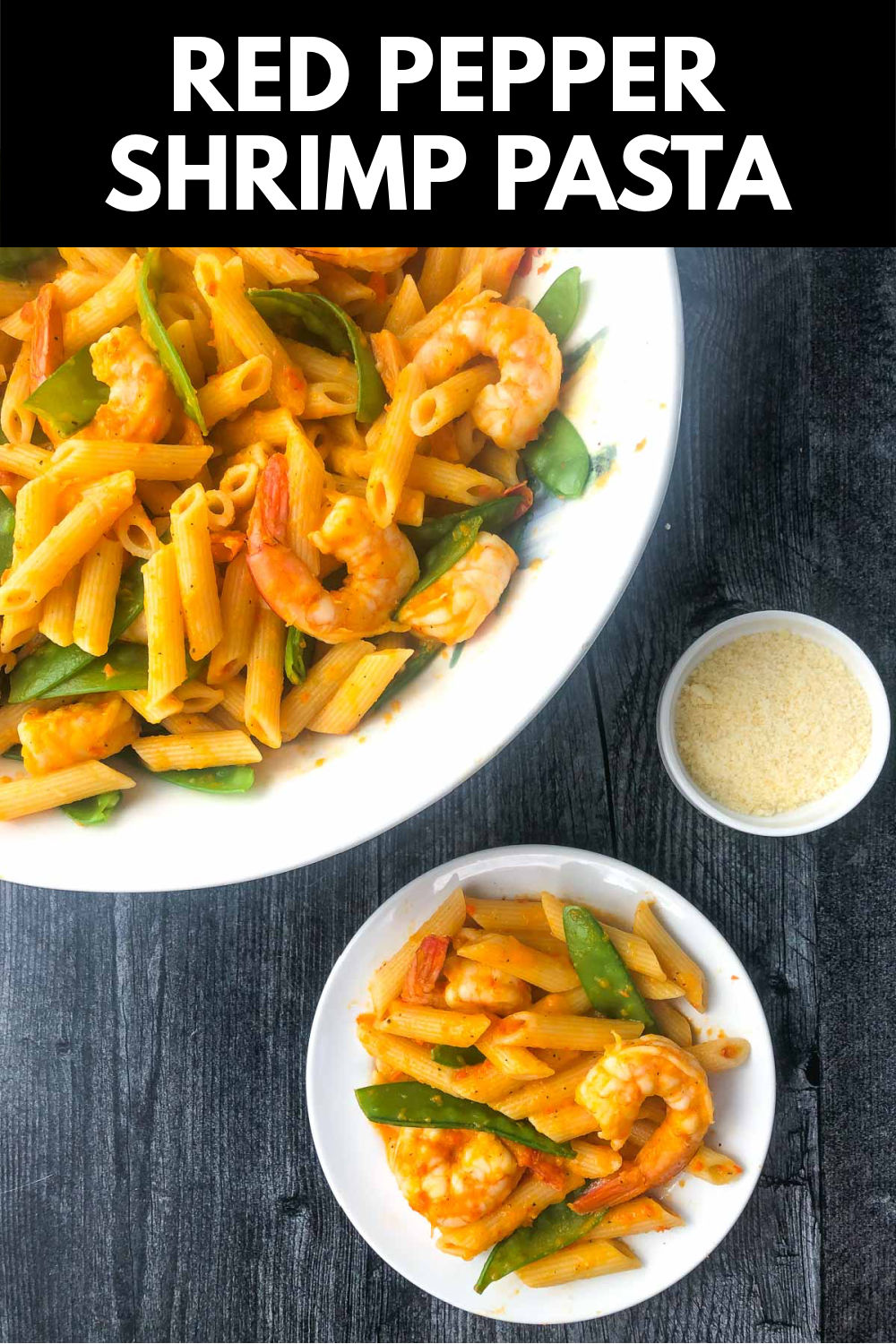 white plate with shrimp red pepper pasta and a bowl in the background with text