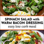 wooden bowl and plate with spinach salad and bowl of bacon dressing and text