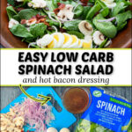 wooden bowl and ingredients with spinach salad and bowl of bacon dressing and text