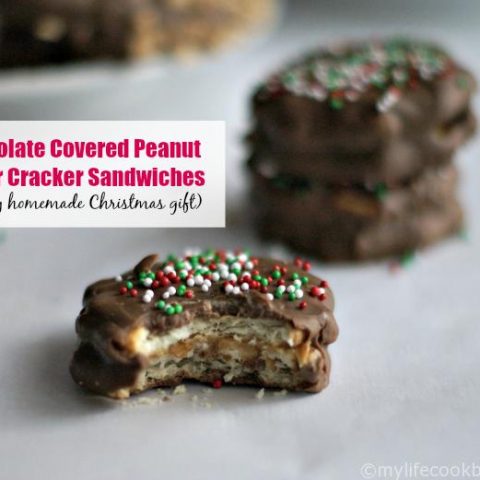 These chocolate covered peanut butter cracker sandwiches are so easy to make and taste better than Tagalongs cookies. An easy homemade Christmas gift for anyone.
