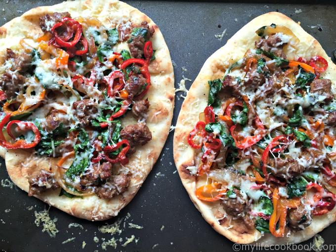 These flatbreads are so easy to make and customize. Add some sausage,peppers and spinach and top with Asiago cheese for a delicious quick and easy dinner that your family will love!