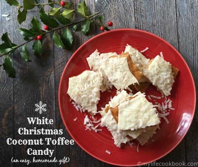 This coconut toffee candy is so easy to make and tastes delicious! It's a great homemade gift for teachers, neighbors and love ones.