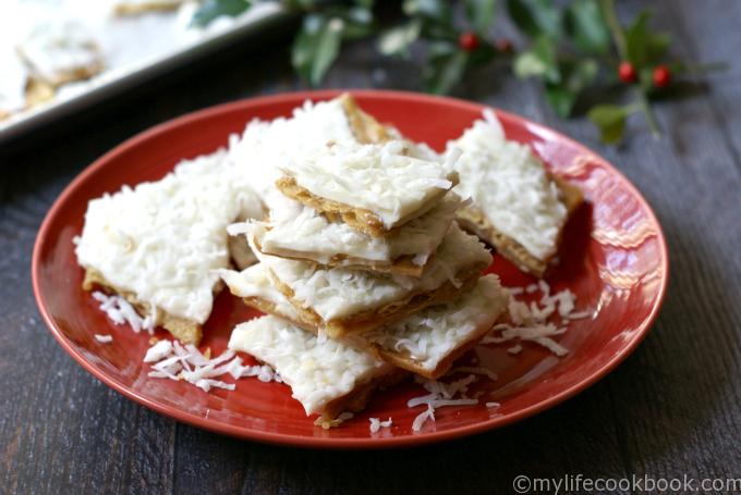 This coconut toffee candy is so easy to make and tastes delicious! It's a great homemade gift for teachers, neighbors and love ones.