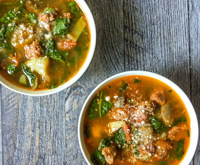 If you like stuffed banana peppers you will love this sausage & peppers soup! It's so easy to make and VERY flavorful. A tasty, warming low carb and Paleo soup. Only 5.3g net carbs per serving!