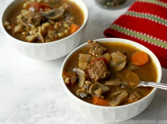 This is the best beef and barley soup according to my husband at least. Chunks of beef surrounded by barley, mushrooms, carrots in a savory thyme tomato broth.