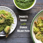 Spinach walnut pesto is easy to make and can be made year round. Here we've used it with spaghetti squash and shrimp but can also be used with vegetables, pasta, chicken and fish.