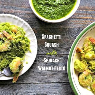 Spinach walnut pesto is easy to make all  year round. Here we've used it with spaghetti squash and shrimp but it can also be used with vegetables, pasta, chicken and fish.