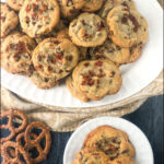 white platter and plate with bacon pretzel chocolate chip cookies and text