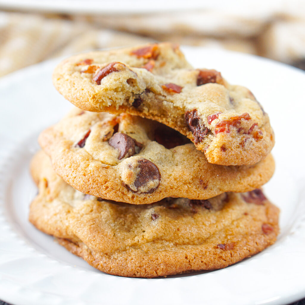 aerial view of a platter and plate with bacon cookies