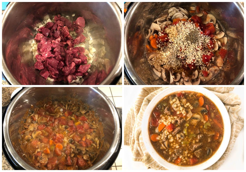 collage of pictures showing how to make beef barley soup in the instant pot