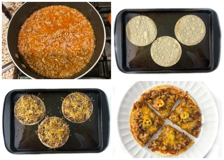 collage of pictures showing how to make beef nachos on corn tortillas