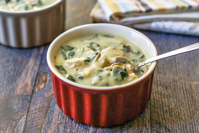 Try this delicious, creamy chicken & spinach soup, that uses cauliflower cream sauce so it's dairy free, Paleo and low carb too! Only 135 calories and 4.0g net carbs.