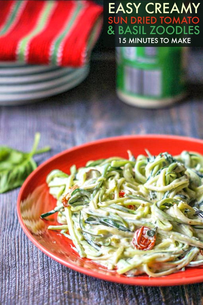 These easy creamy sun dried tomato & basil zoodles only take 15 minutes to make. The zucchini noodles have a creamy garlic, basil and sun dried tomatoes sauce that is decadent and delicious.