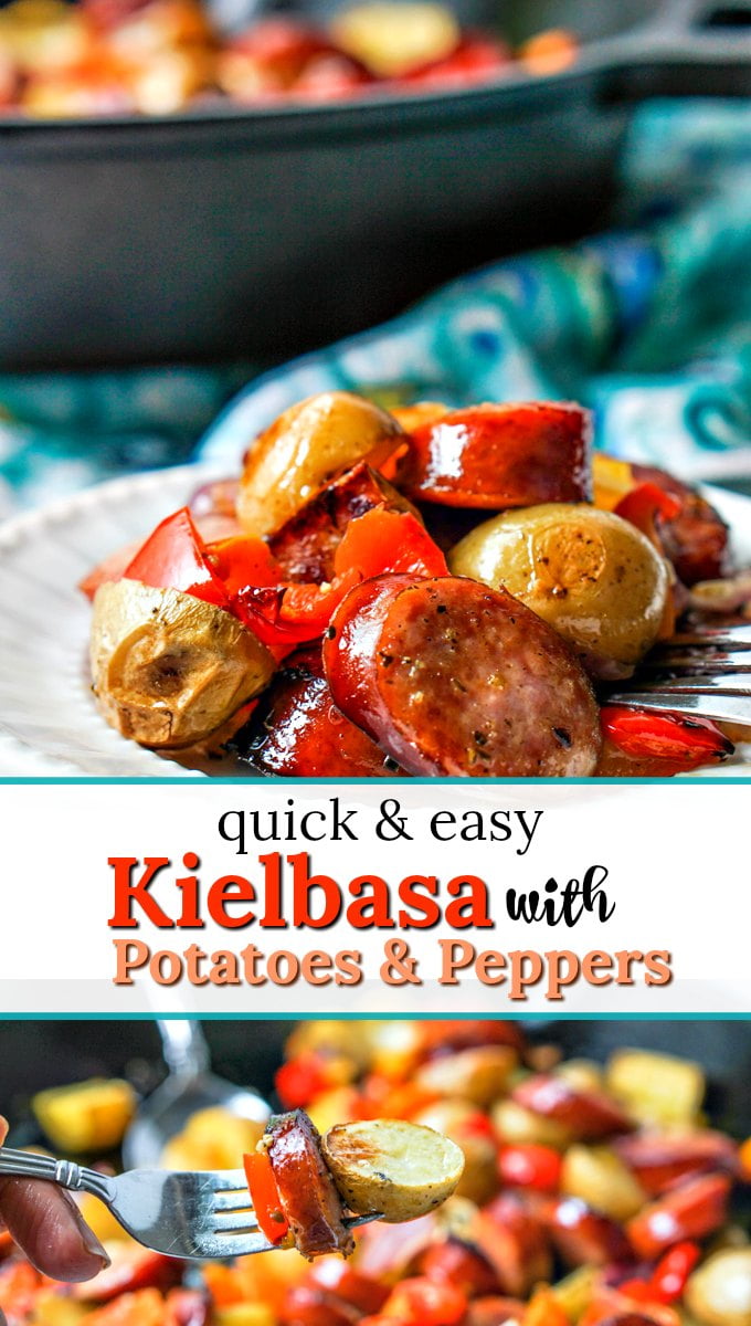 cast iron skillet with easy kielbasa recipe with potatoes & peppers and text overlay