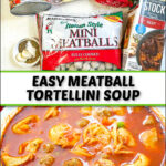 ingredients and large white bowl with meatball soup and text