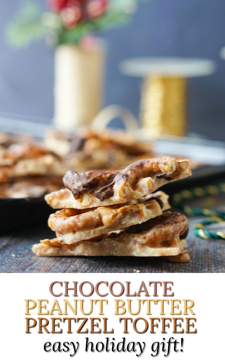 pieces of chocolate peanut butter pretzel toffee with ribbon in background and text