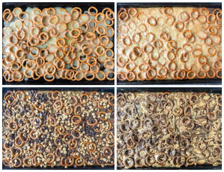 collage of how to make pretzel toffee 