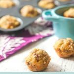 mini sausage muffins with blue bowl and muffin tin in background - text overlay