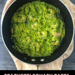 pan of keto pesto spaghetti squash with shrimp and text