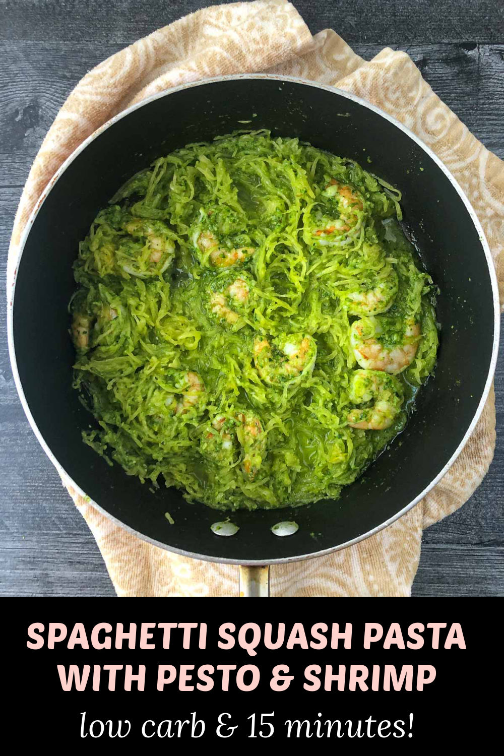 pan of keto pesto spaghetti squash with shrimp and text