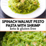 pan and plate of keto pesto spaghetti squash with shrimp and text