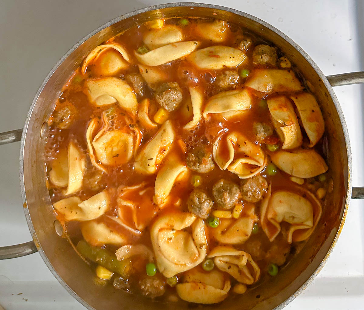 soup pot with finished tortellini soup