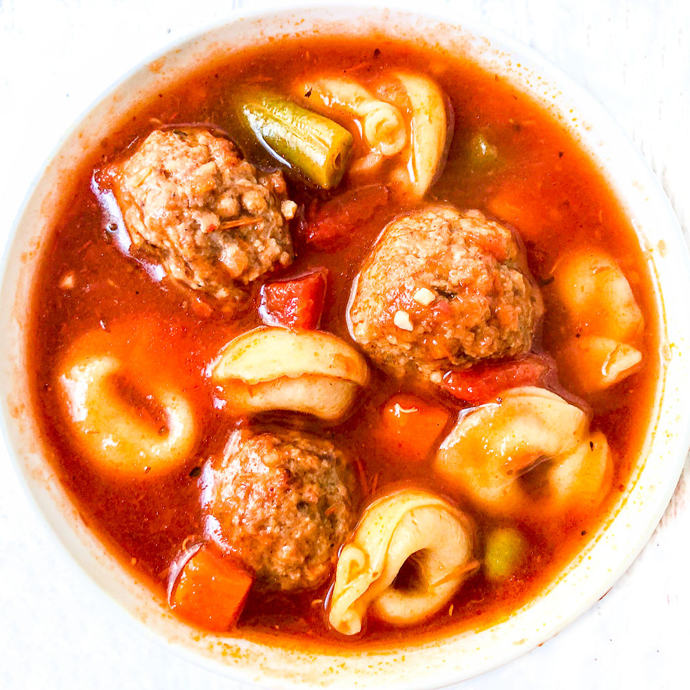 aerial view of tortellini meatball soup