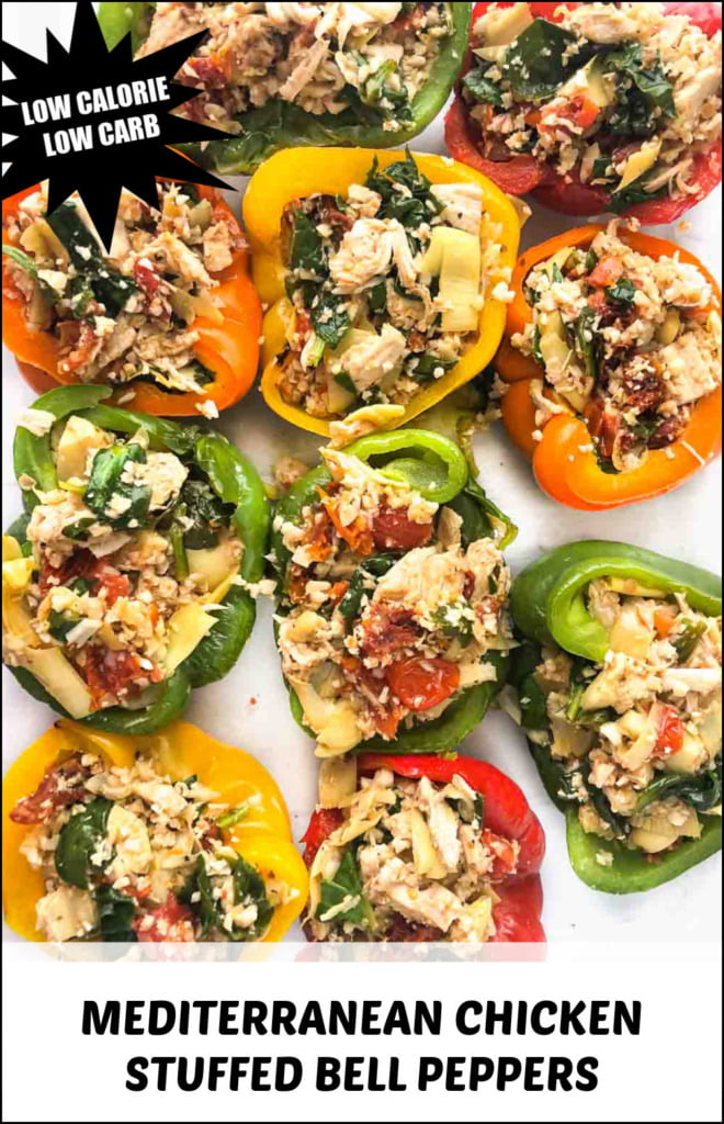 closeup of a pan of keto chicken stuffed bell peppers and text