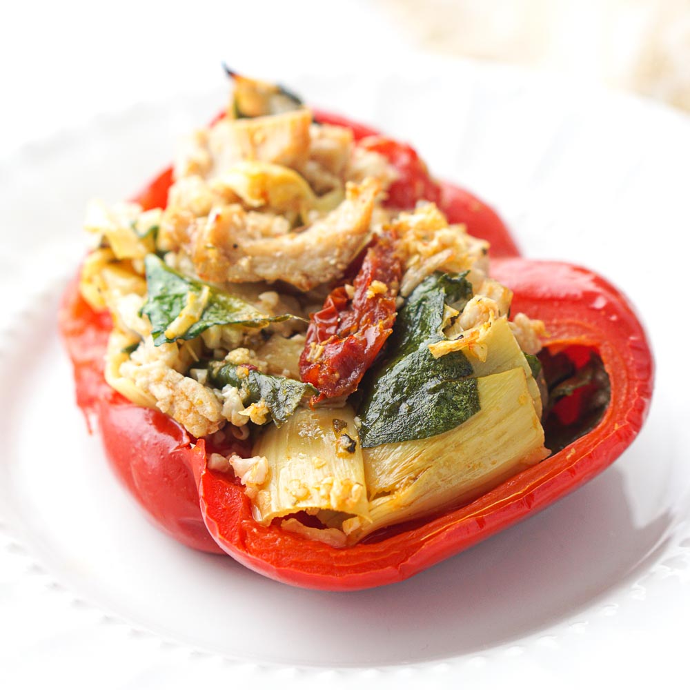 closeup of keto red pepper stuffed with Mediterranean chicken