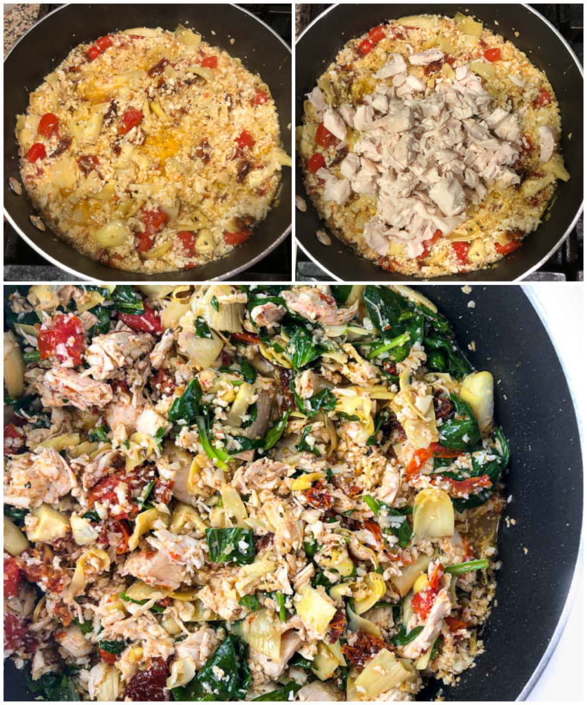 collage of pictures on how to make the Greek stuffing for the peppers