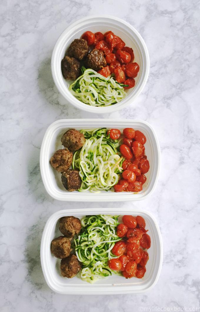 Paleo meatballs go great with roasted grape tomatoes and zucchini noodles to make a healthy freezable lunch. Save time and stay on track with this simple and easy meal.