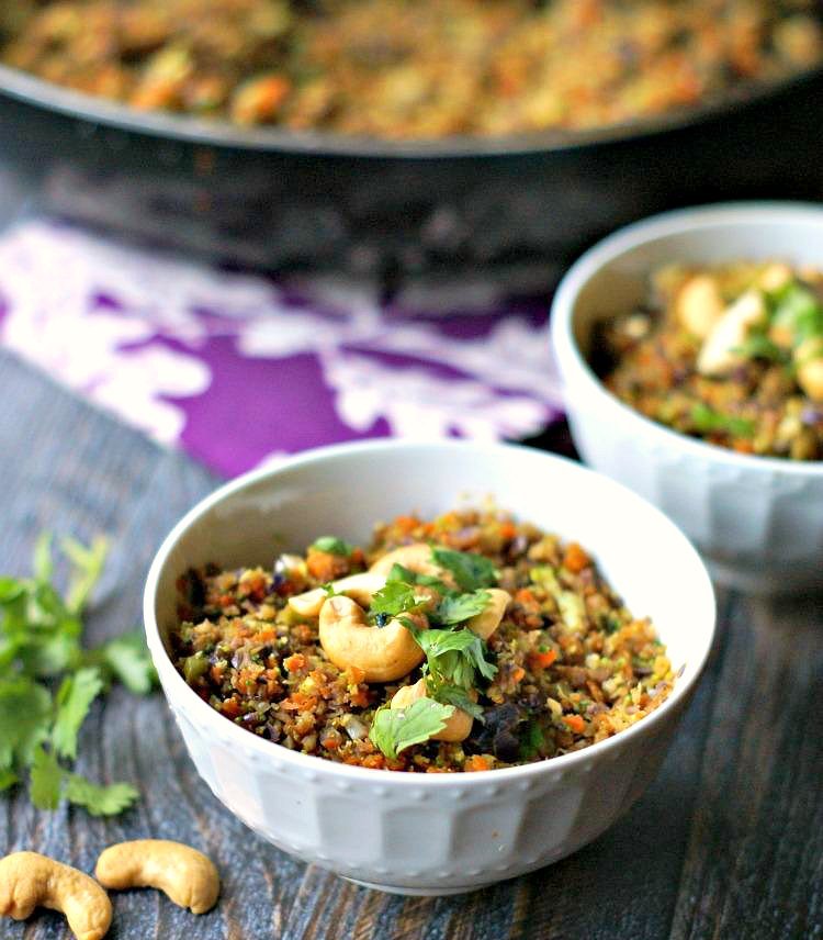 Cashew curried vegetable rice is quick and easy and healthy. No actual rice but vegetables made to be rice. A delicious, vegetarian dish in less than 10 minutes and it's low carb too!