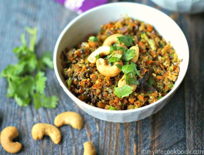 Cashew curried vegetable rice is quick and easy and healthy. No actual rice but vegetables made to be rice. A delicious, vegetarian dish in less than 10 minutes and it's low carb too!