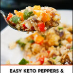 white plate and fork with keto cauliflower rice pilaf with peppers and text