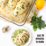 glass baking dish with keto lemon chicken and text overlay
