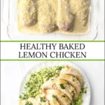 glass baking dish with keto lemon chicken and text overlay