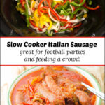 bowl of slow cooker sausage and peppers and crock with raw peppers with text