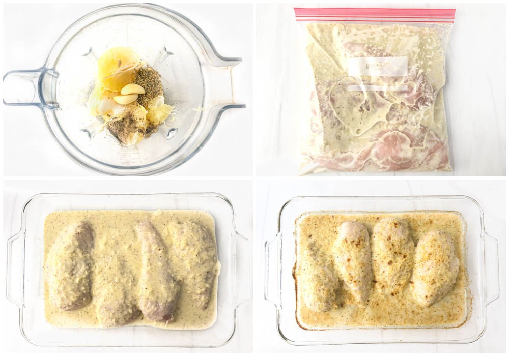 collage of pictures showing the steps to make this baked lemon chicken dish