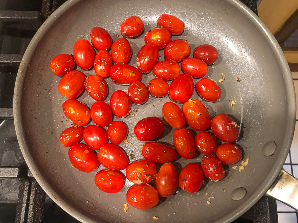 pan with roasting grape tomatoes