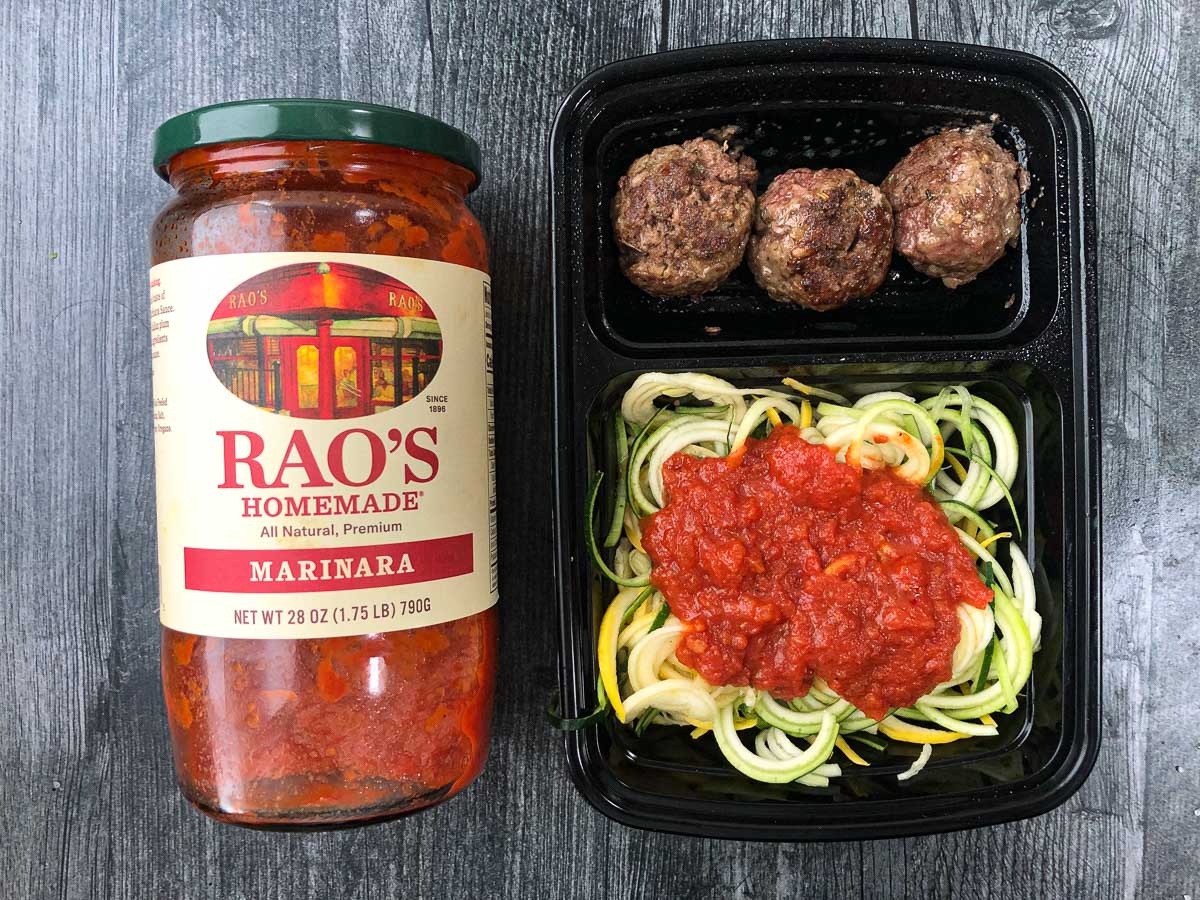 freeze container with zoodles and meatballs and a jar of Rao's marinara