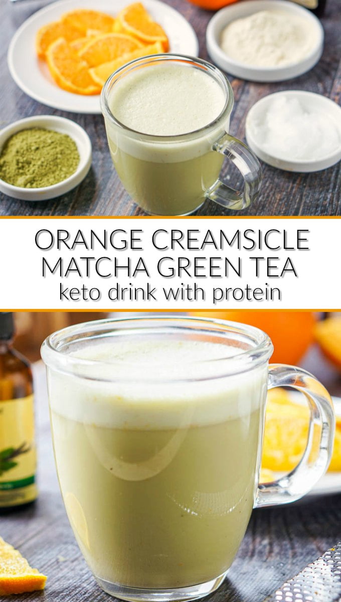 glass mug with keto orange creamsicle protein matcha drink and text