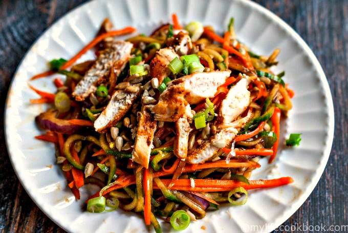 This crunchy, Asian veggie noodle salad is a delicious way to eat your veggies. Top with grilled chicken for a complete meal. Easy and tasty.