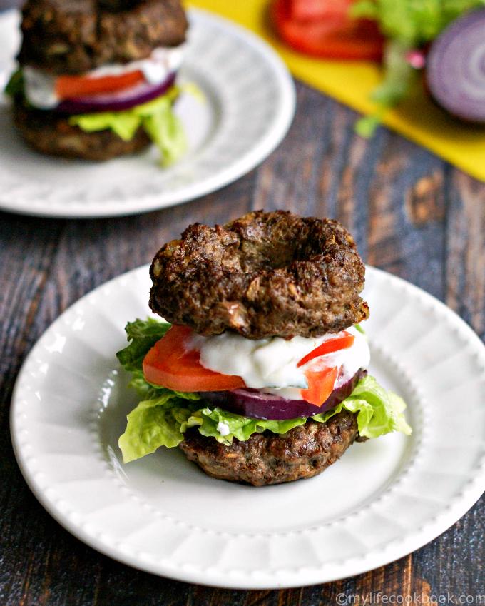 This low carb gyro burger is not only delicious, it's a lot of fun to eat. Skip the pita, have a meat bagel instead.