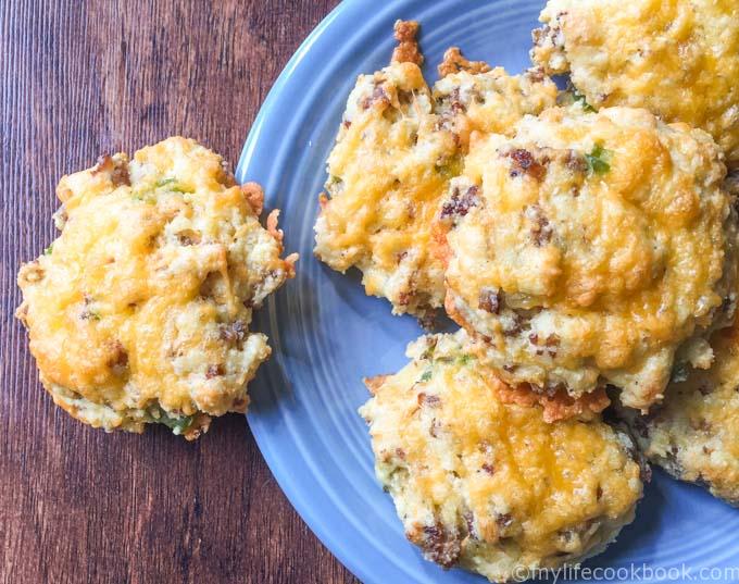 savory low carb breakfast cookies on blue plate 