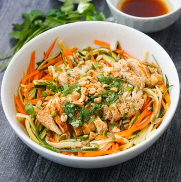 white bowl with Asian zucchini noodle salad topped with chicken