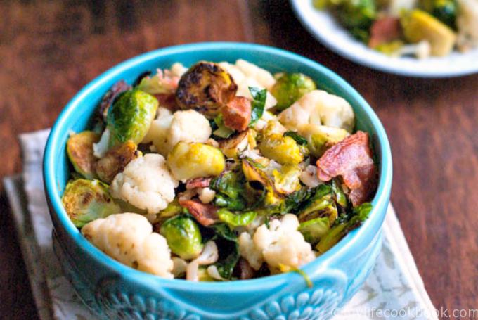 This Brussels, bacon & cauliflower side dish is very easy and one of my family's favorites.