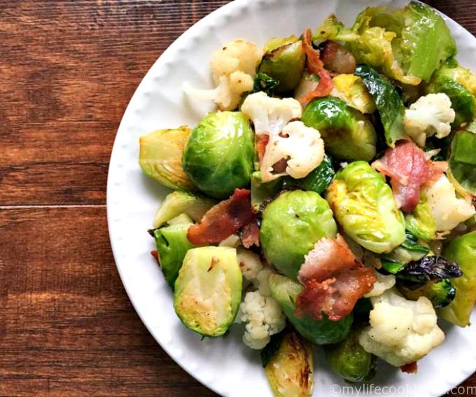 This Brussels, bacon & cauliflower side dish is very easy and one of my family's favorites.